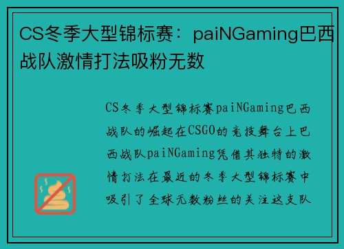 CS冬季大型锦标赛：paiNGaming巴西战队激情打法吸粉无数